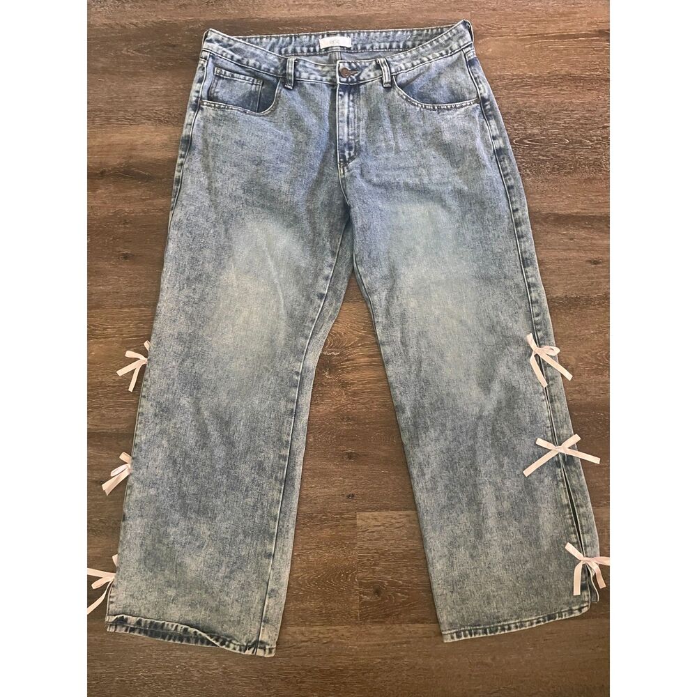 Rise Supply Co Jeans Juniors 17 Lace Up Straight Leg White Bows Blue Street Boho